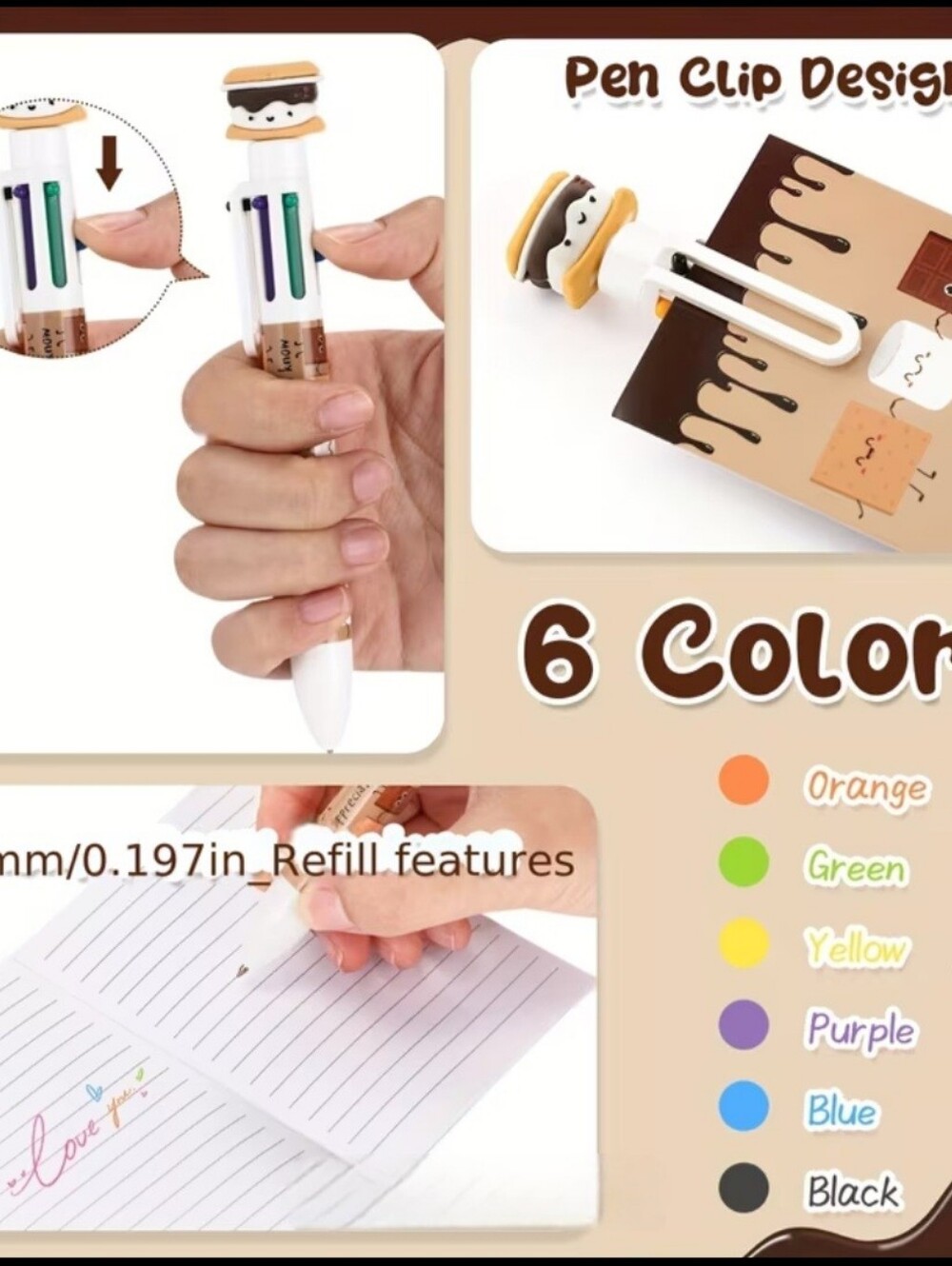 Multi-Color S'mores Theme 6-Color Retractable Pen You Get 3 Pens
